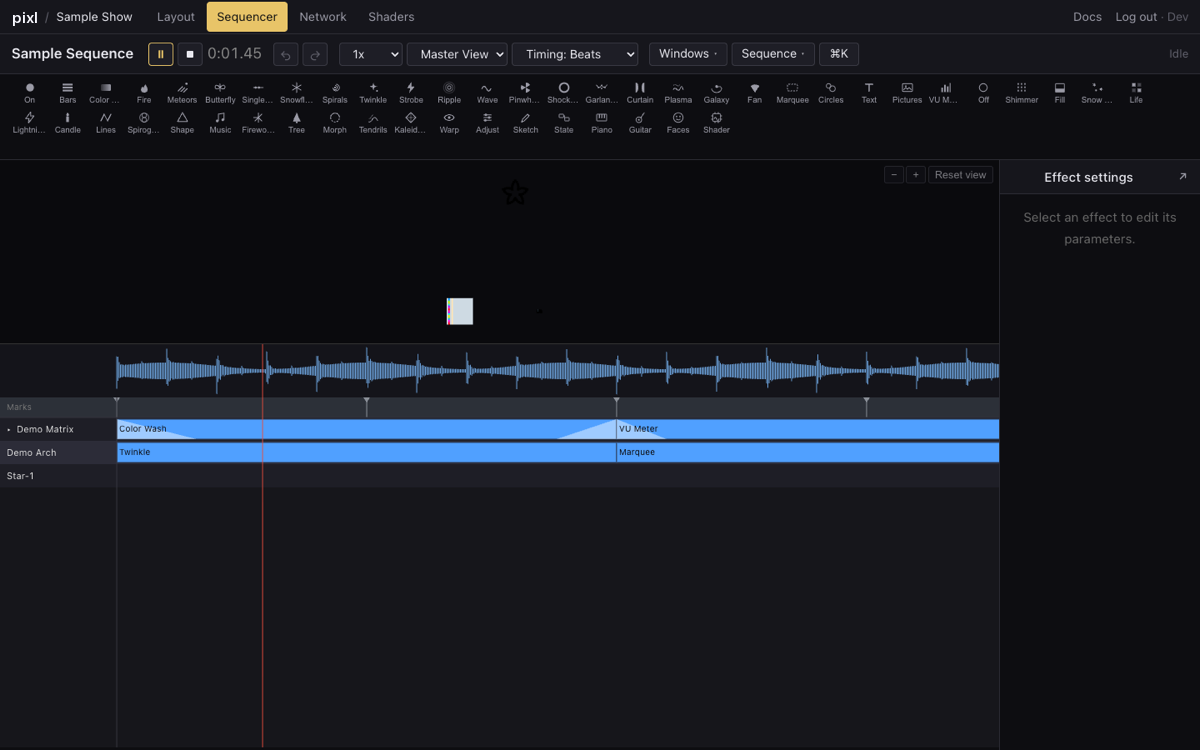 The pixl sequencer: effect palette across the top, models down the left, effects on a timeline against a waveform