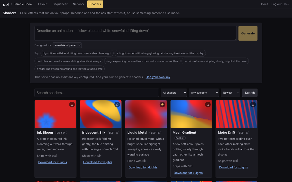 The pixl shader gallery with running previews on each card